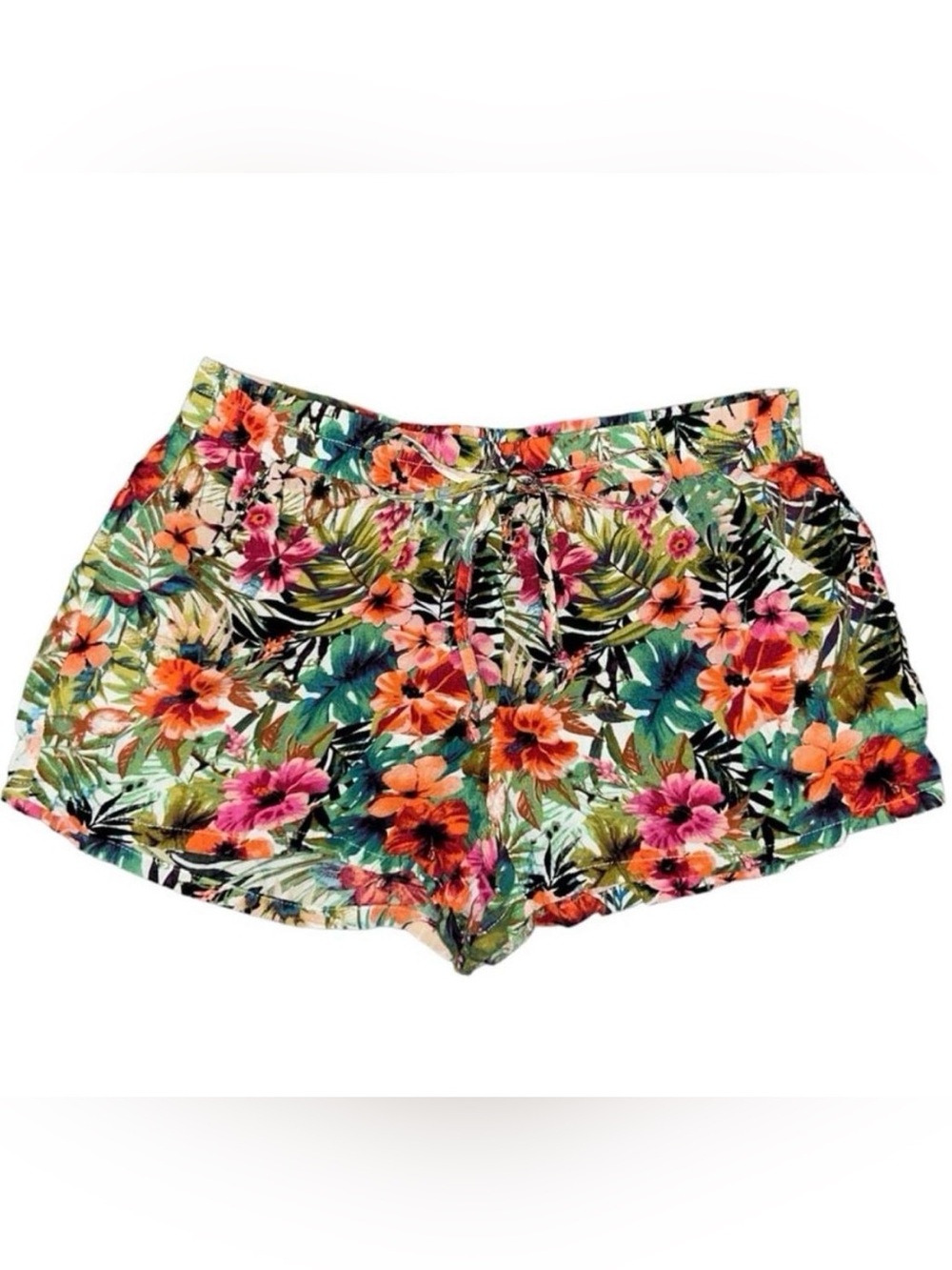BeBop Tropical Floral Drawstring Athletic Shorts - Coral, Pink & Green